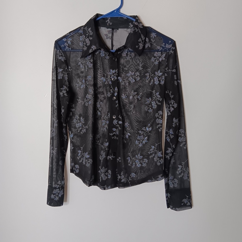 VTG Y2K Anxiety Cafe Sheer Top Size M Black Floral Glitter Sparkle Whimsygoth